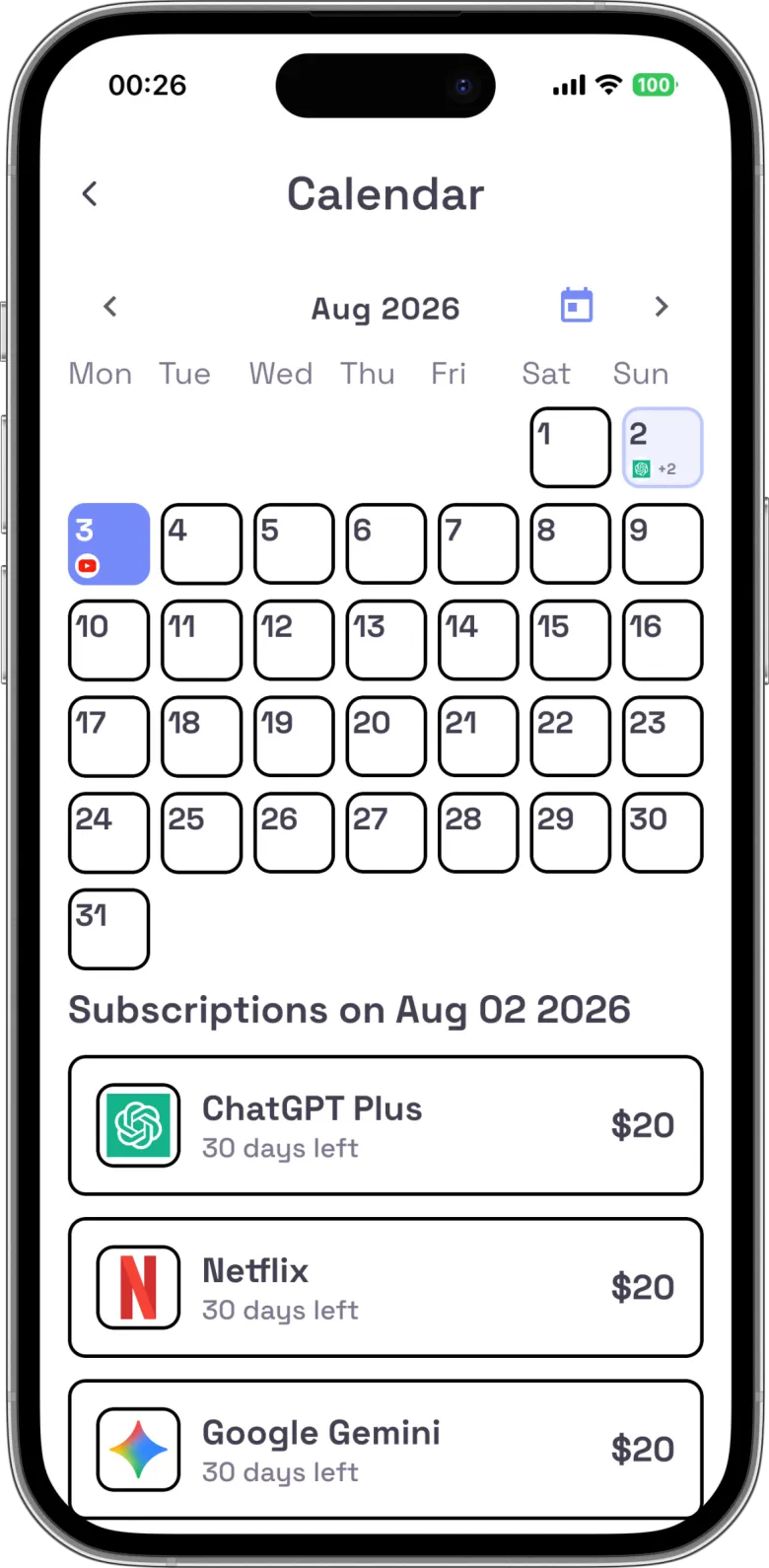 See the whole month — Submindo Calendar screen