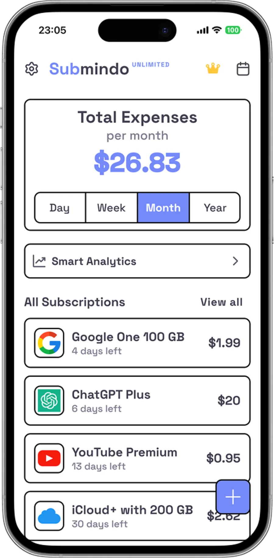 All expenses at a glance — Submindo Home screen