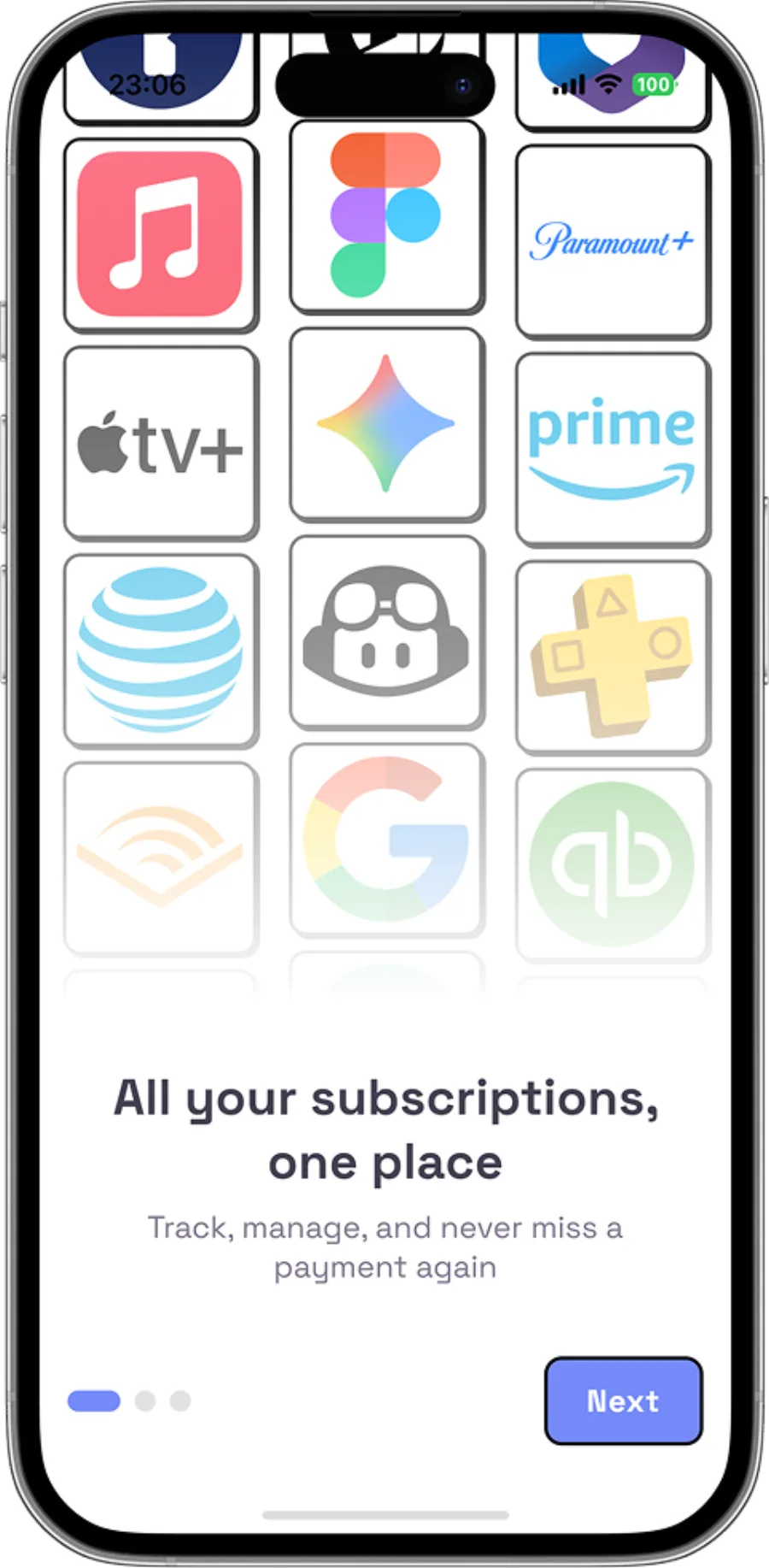 All your subscriptions, one place — Submindo Onboarding screen