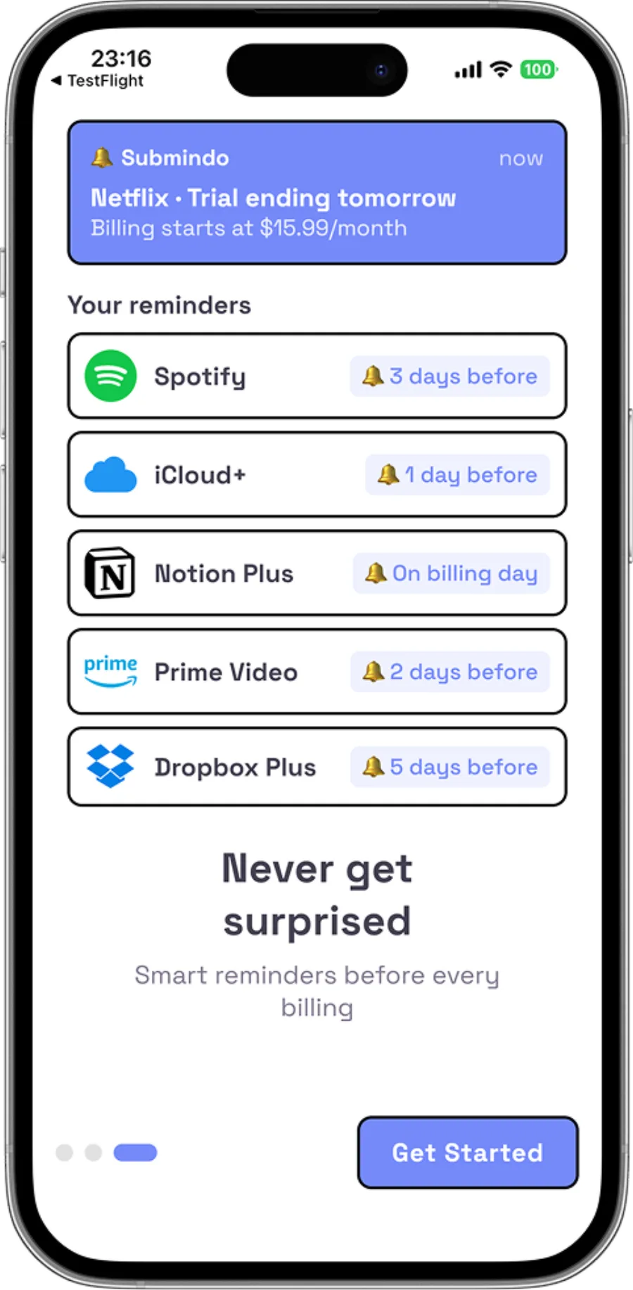 Never get surprised — Submindo Reminders screen