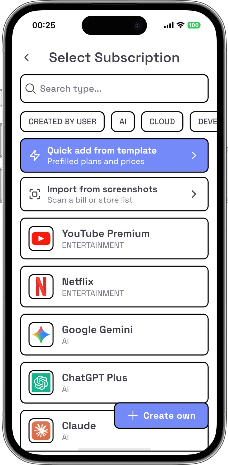 Add in seconds — Submindo Quick Add screen