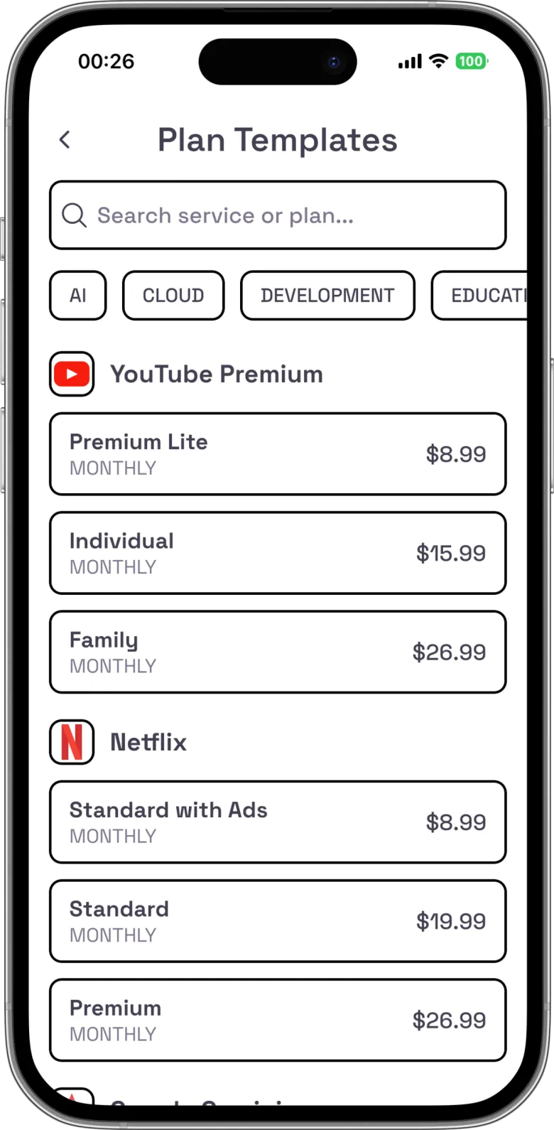 Prefilled plan prices — Submindo Templates screen